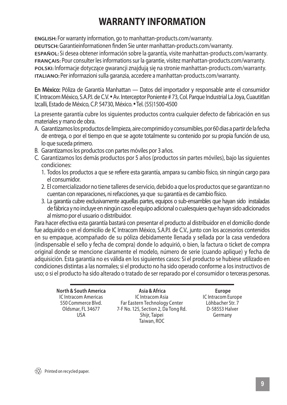 Warranty information | Manhattan 130363 QuickDock Duo - Manual (Multi) User Manual | Page 9 / 12