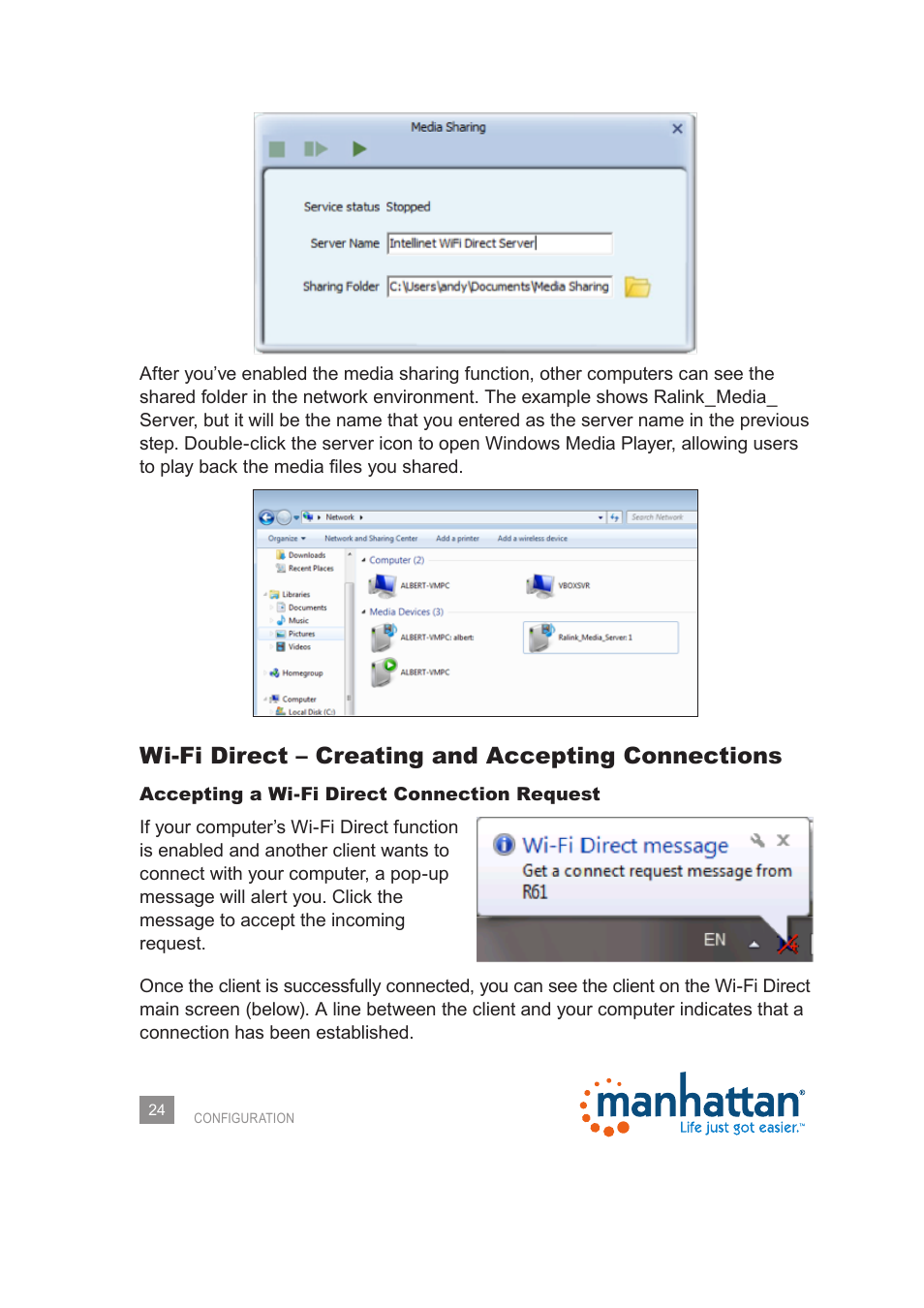 Wi-fi direct – creating and accepting connections | Manhattan 525473 Wireless 150N PCI Card - Manual User Manual | Page 24 / 40