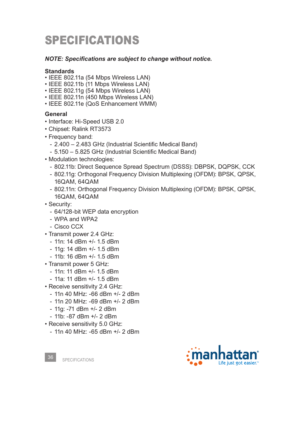Specifications | Manhattan 525473 Wireless 150N PCI Card - Manual User Manual | Page 36 / 40