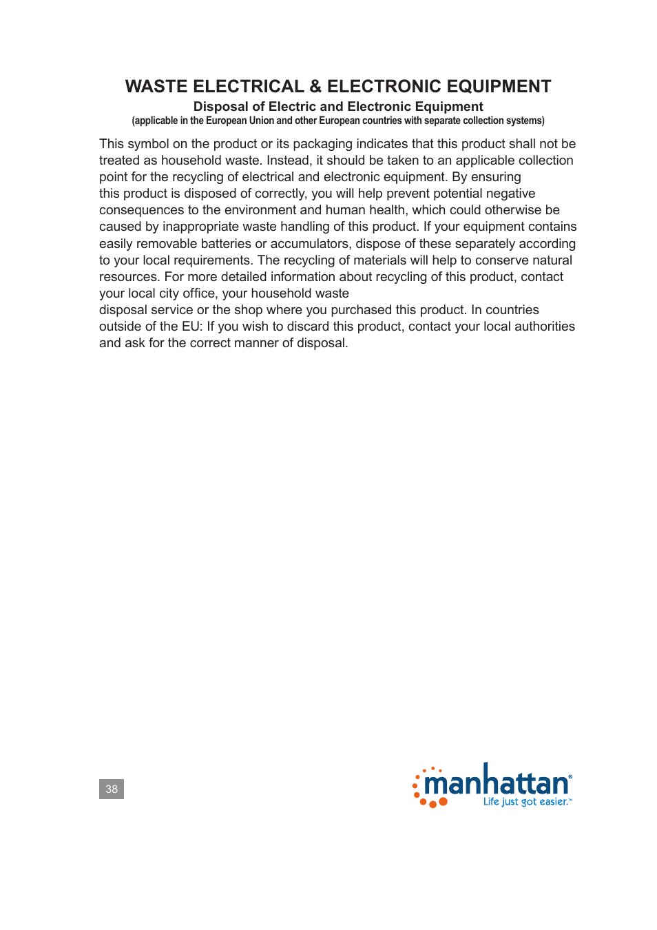 Waste electrical & electronic equipment | Manhattan 525473 Wireless 150N PCI Card - Manual User Manual | Page 38 / 40