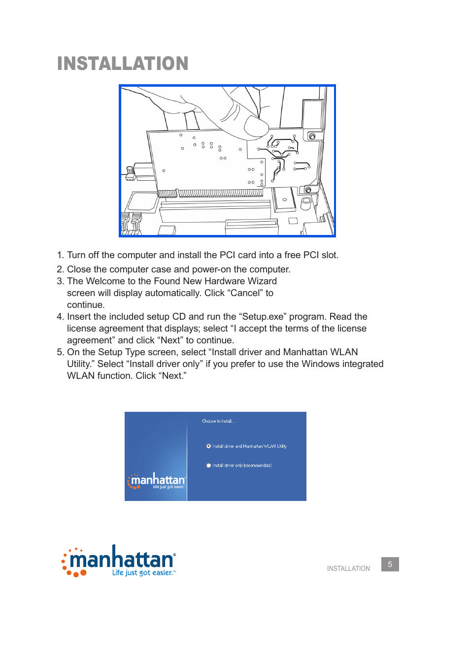 Installation | Manhattan 525473 Wireless 150N PCI Card - Manual User Manual | Page 5 / 40