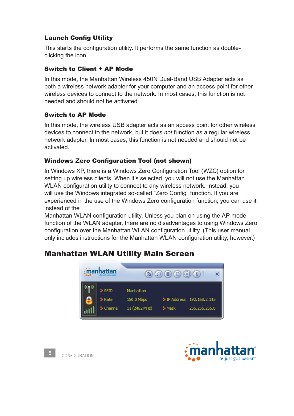Manhattan wlan utility main screen | Manhattan 525473 Wireless 150N PCI Card - Manual User Manual | Page 8 / 40