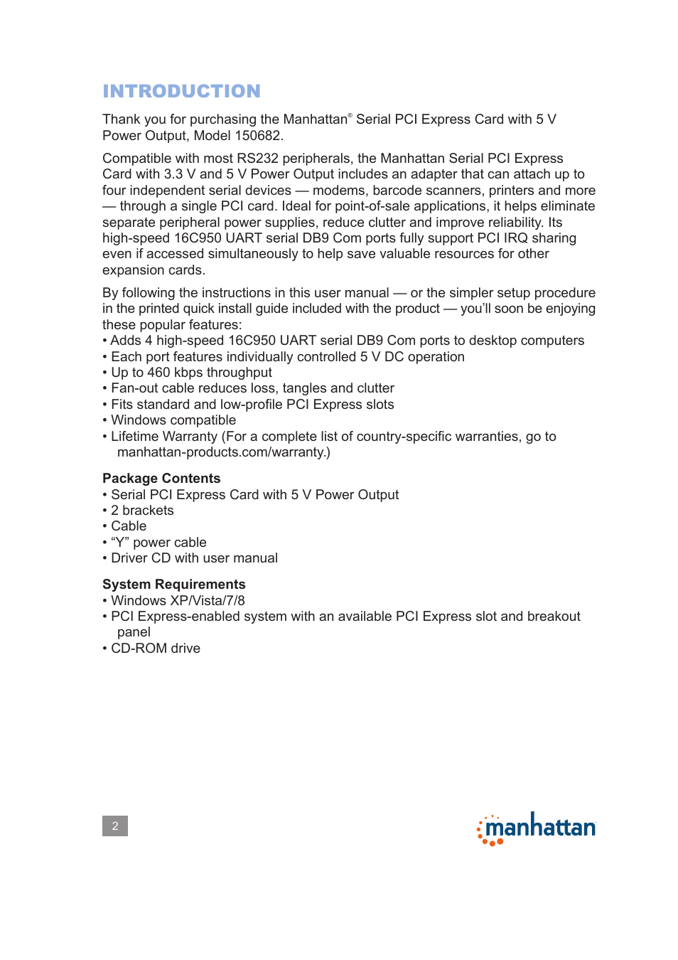 Introduction | Manhattan 150682 Serial PCI Express Card - Manual User Manual | Page 2 / 5