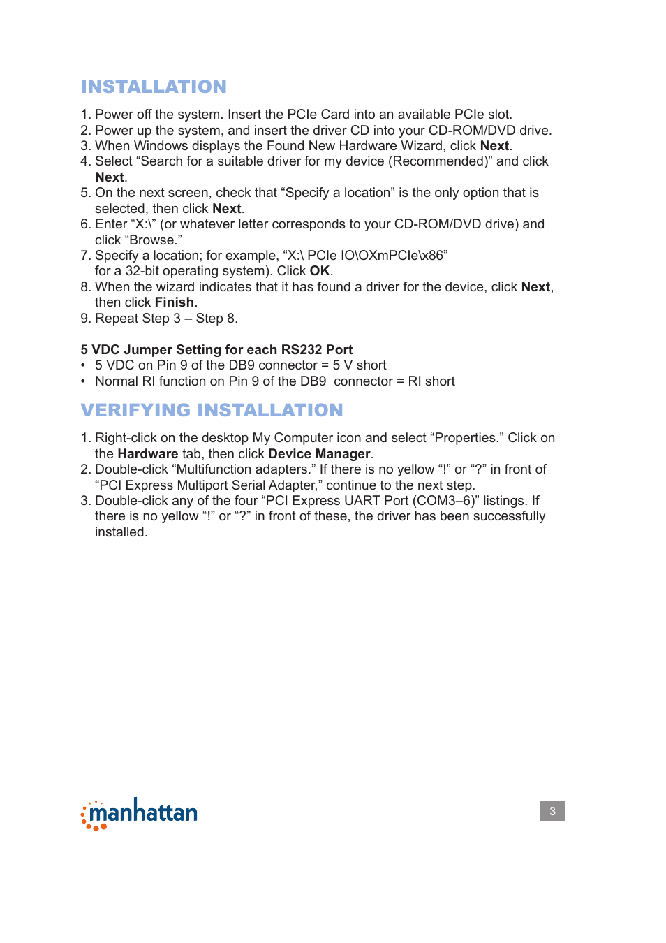 Installation, Verifying installation | Manhattan 150682 Serial PCI Express Card - Manual User Manual | Page 3 / 5