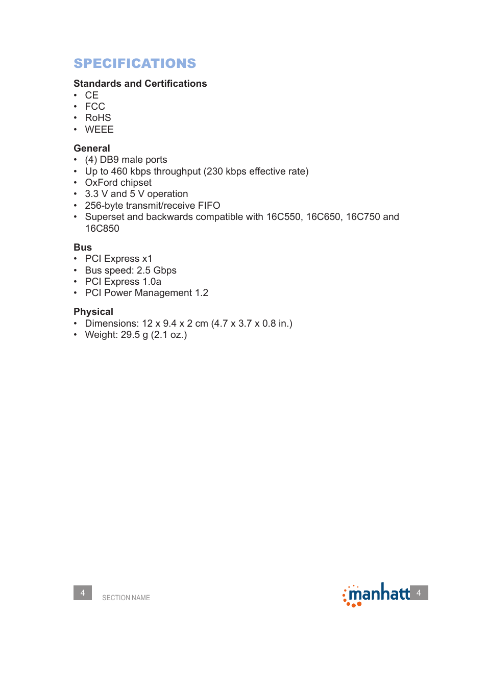 Specifications | Manhattan 150682 Serial PCI Express Card - Manual User Manual | Page 4 / 5