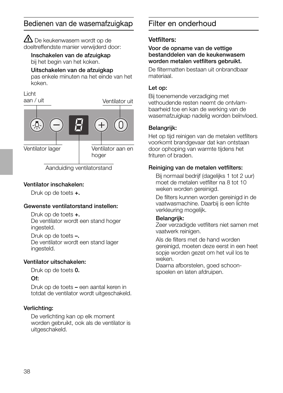 Bedienen van de wasemafzuigkap, Filter en onderhoud | Siemens LC 46412 User Manual | Page 38 / 80