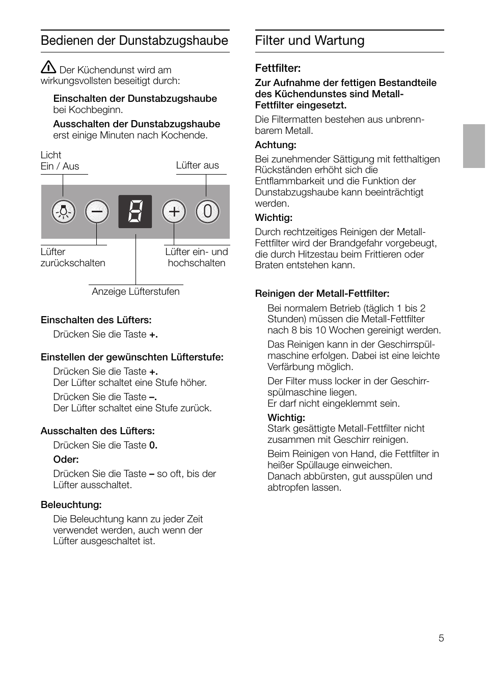 Bedienen der dunstabzugshaube, Filter und wartung | Siemens LC 46412 User Manual | Page 5 / 80