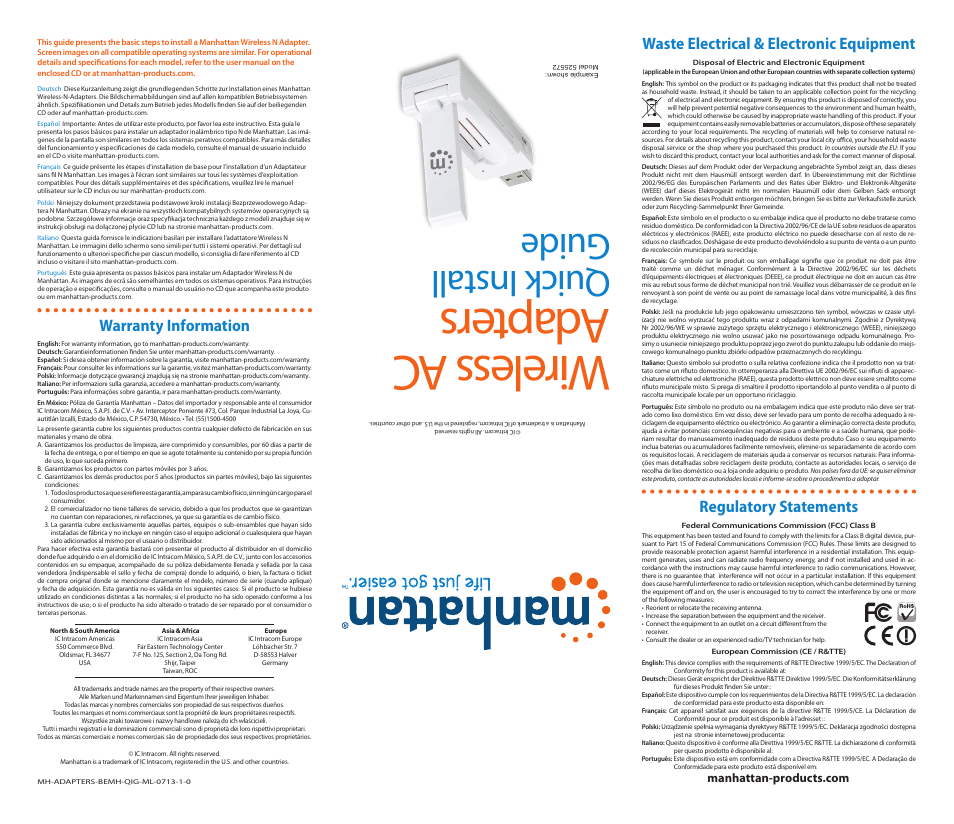 Manhattan 525572 Range+ 1200AC Dual-Band Wireless Adapter - Quick Install (Multi) User Manual | 2 pages