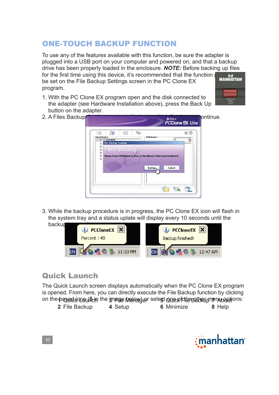 One-touch backup function, Quick launch | Manhattan 179195 Hi-Speed USB to SATA_IDE Adapter - Manual User Manual | Page 10 / 18