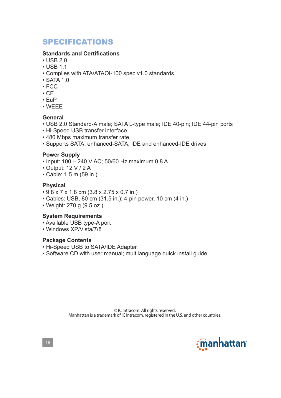 Specifications | Manhattan 179195 Hi-Speed USB to SATA_IDE Adapter - Manual User Manual | Page 18 / 18