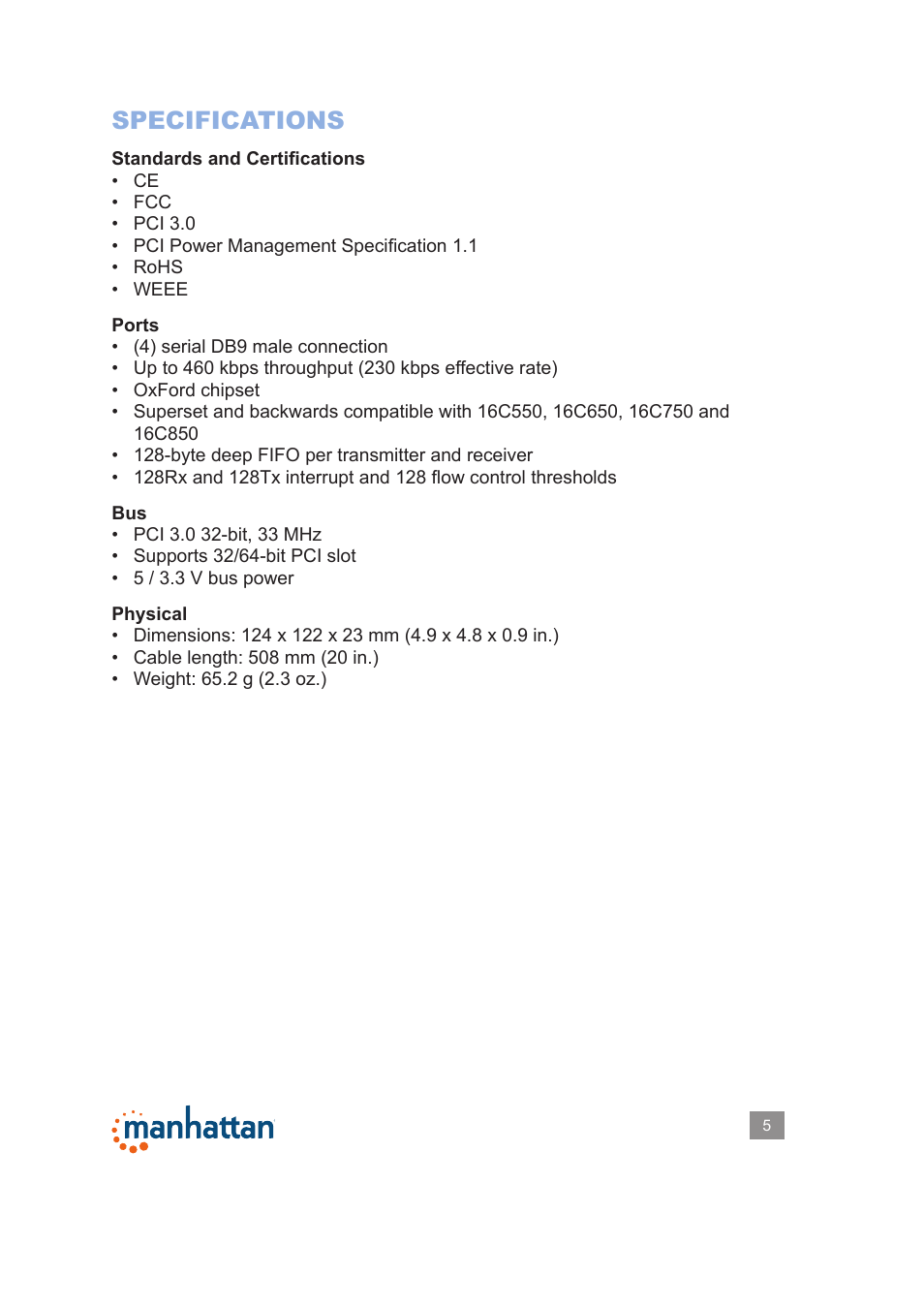 Specifications | Manhattan 175586 Serial PCI Card - Manual User Manual | Page 5 / 6