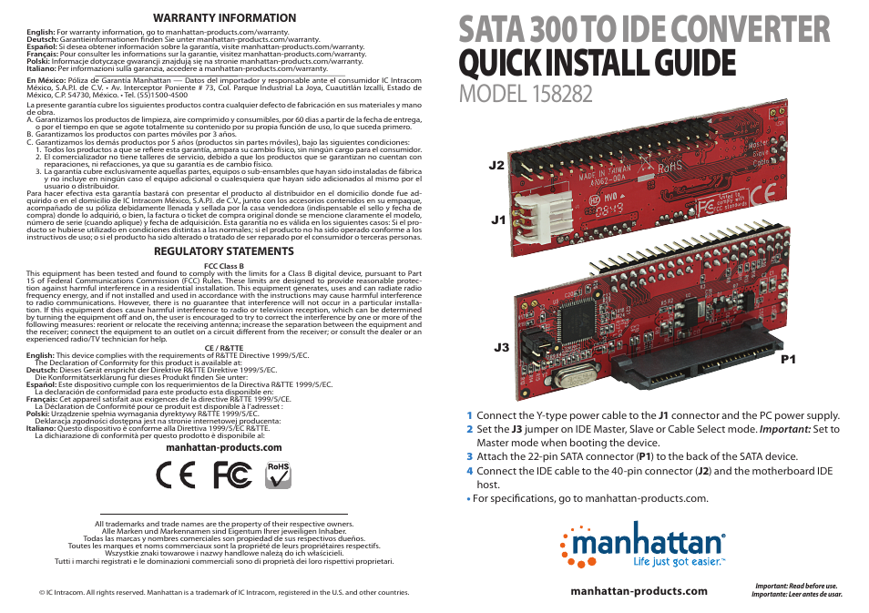 Manhattan 158282 SATA 300 to IDE Converter - Quick Install (Multi) User Manual | 2 pages