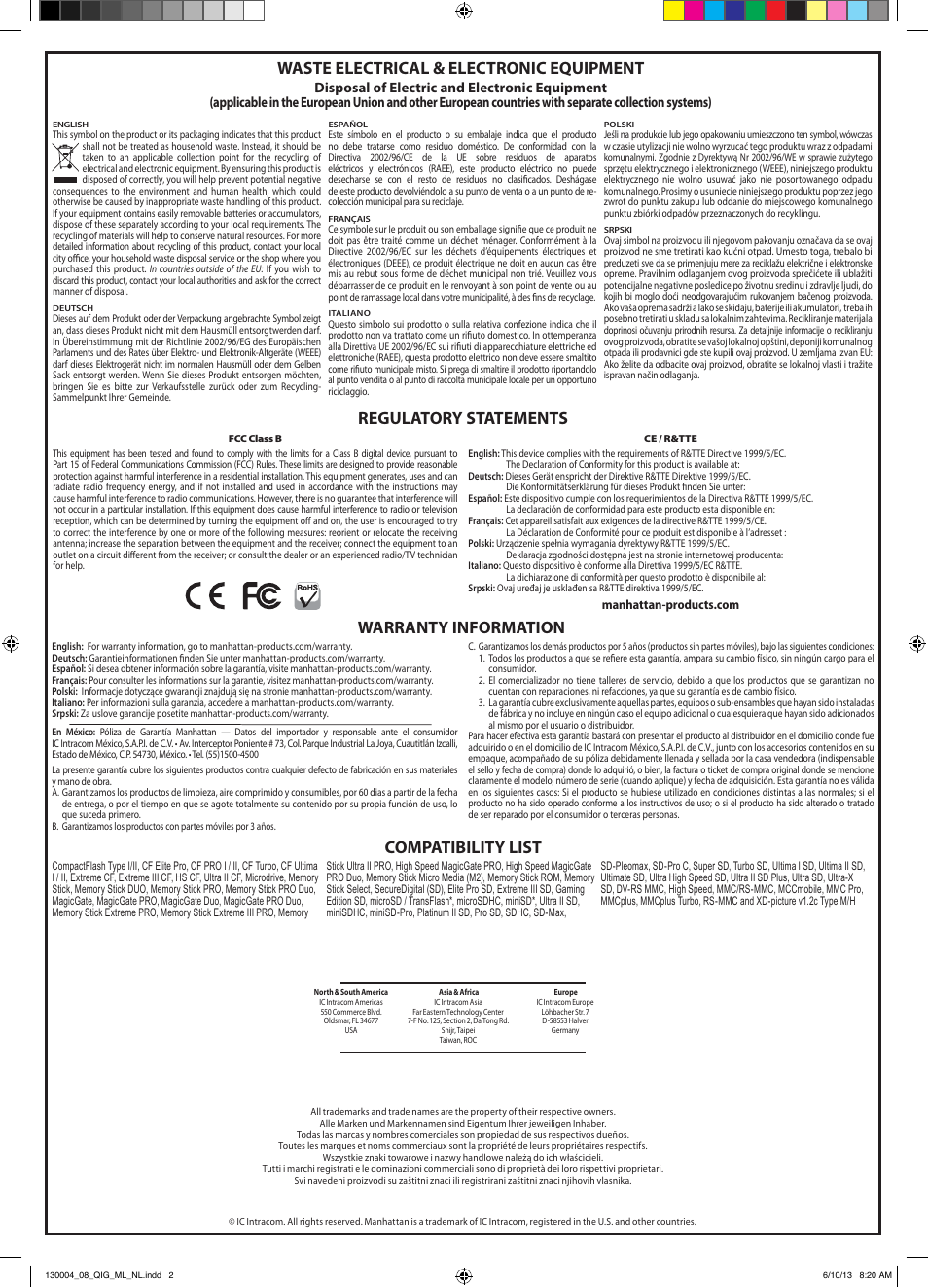 Regulatory statements, Warranty information | Manhattan 130004 Multi-Function SATA Quick Dock - Quick Install (Multi) User Manual | Page 2 / 2