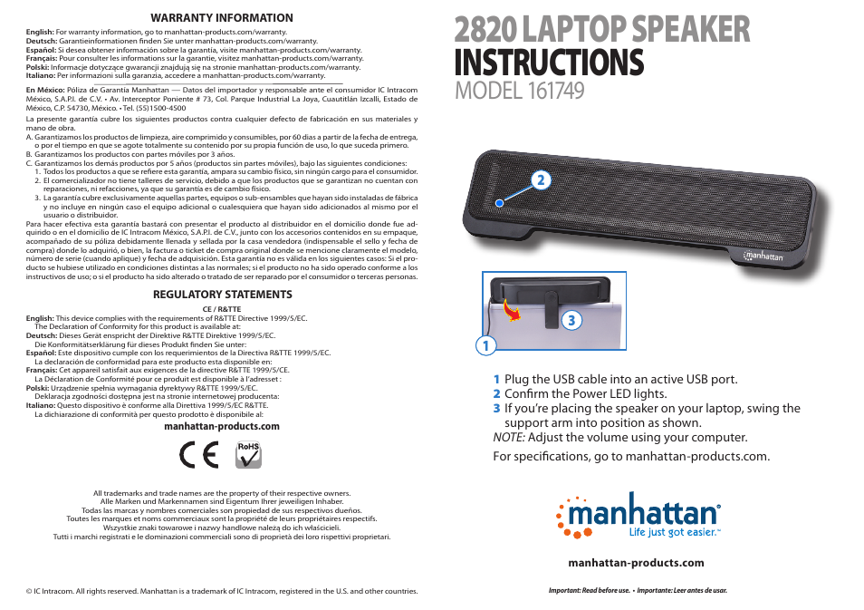 Manhattan 161749 2820 Laptop Speaker - Quick Install (Multi) User Manual | 2 pages