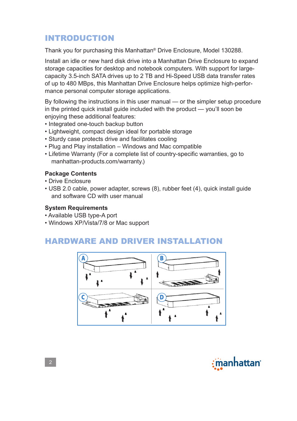 Introduction, Hardware and driver installation | Manhattan 130288 Drive Enclosure - Manual User Manual | Page 2 / 18