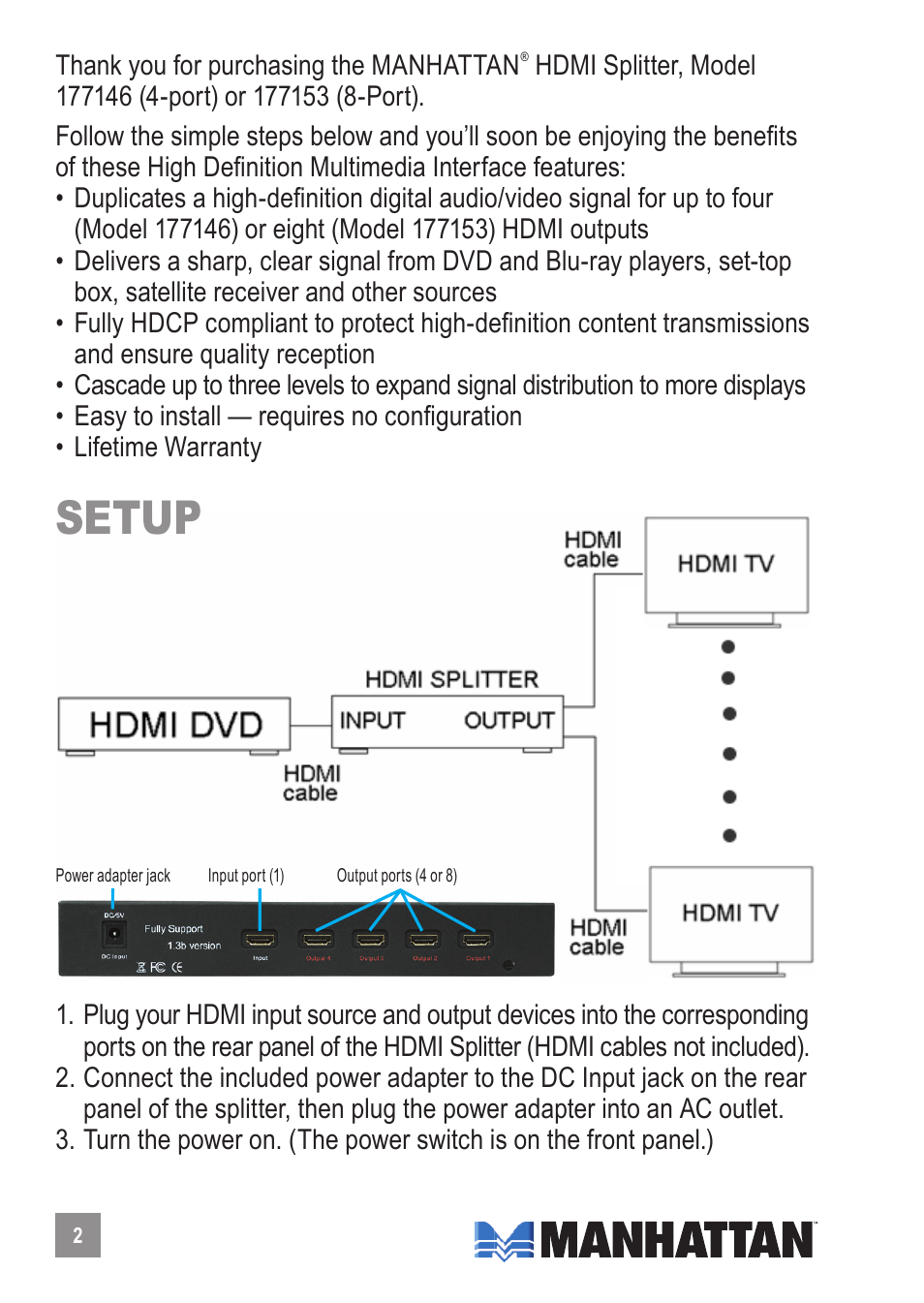 Setup | Manhattan 177146 HDMI Splitter - Manual User Manual | Page 2 / 4