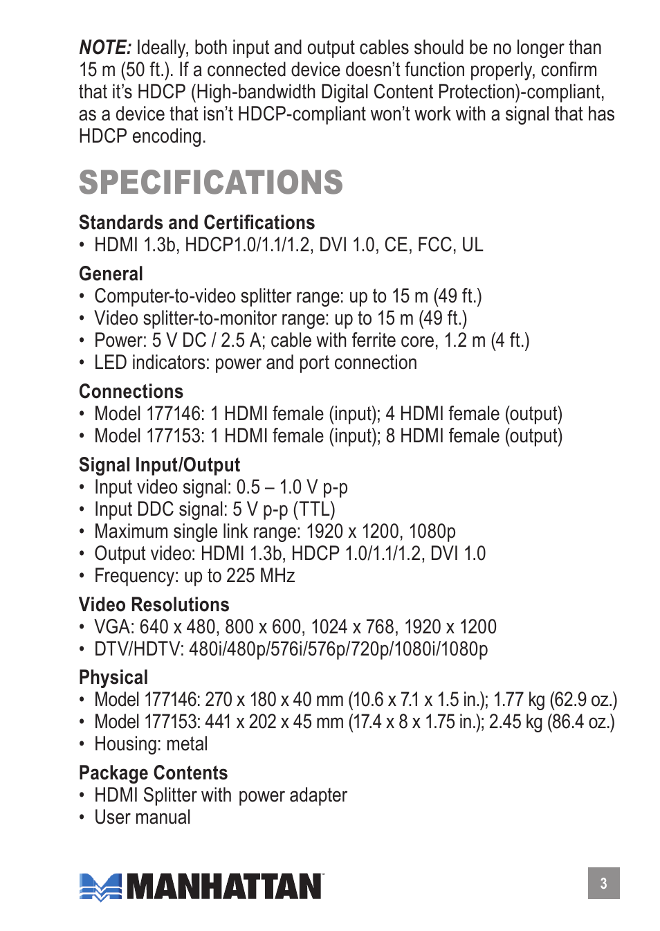 Specifications | Manhattan 177146 HDMI Splitter - Manual User Manual | Page 3 / 4