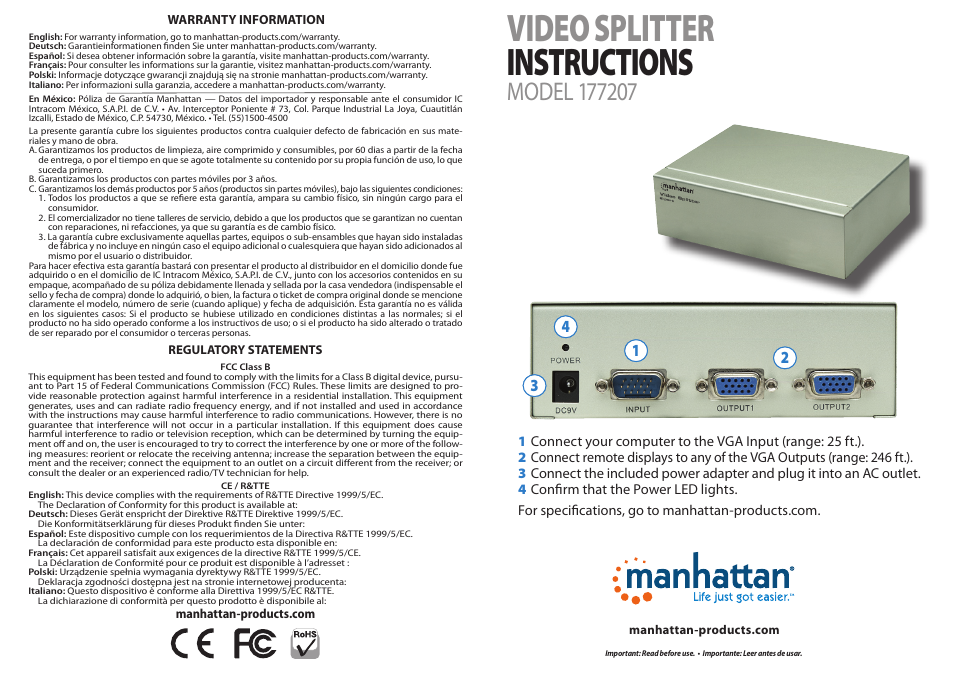 Manhattan 177207 Video Splitter - Quick Install (Multi) User Manual | 2 pages