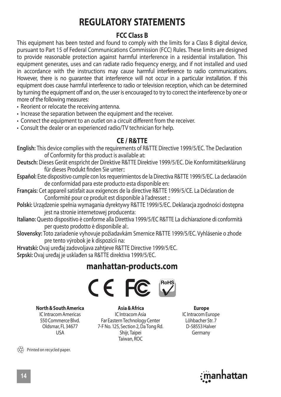 Regulatory statements, Fcc class b, Ce / r&tte | Manhattan 177009 MH3 Classic Optical Desktop Mouse - Quick Install (Multi) User Manual | Page 14 / 16