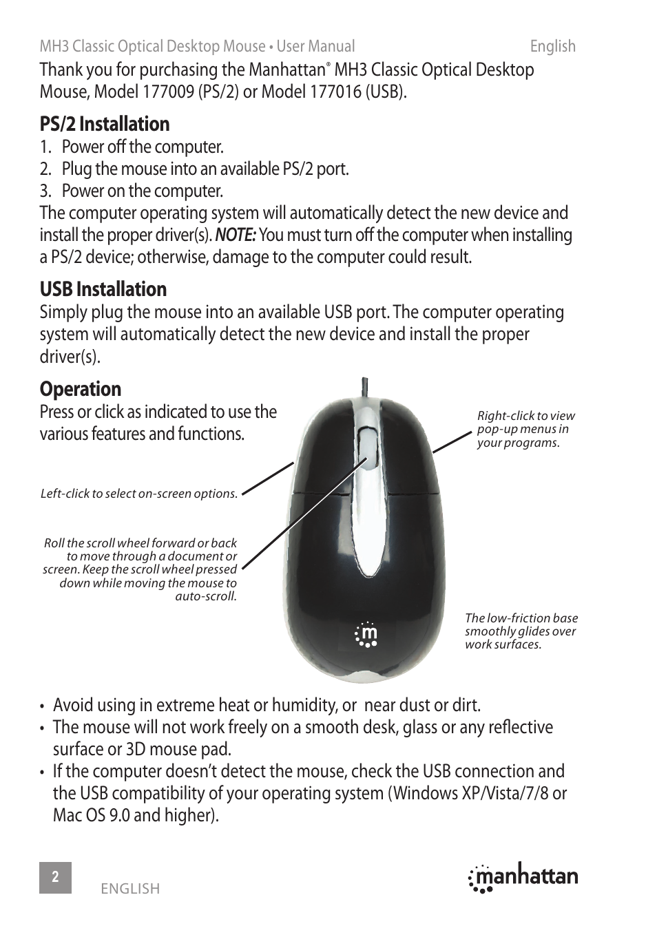 Ps/2 installation, Usb installation, Operation | Manhattan 177009 MH3 Classic Optical Desktop Mouse - Quick Install (Multi) User Manual | Page 2 / 16