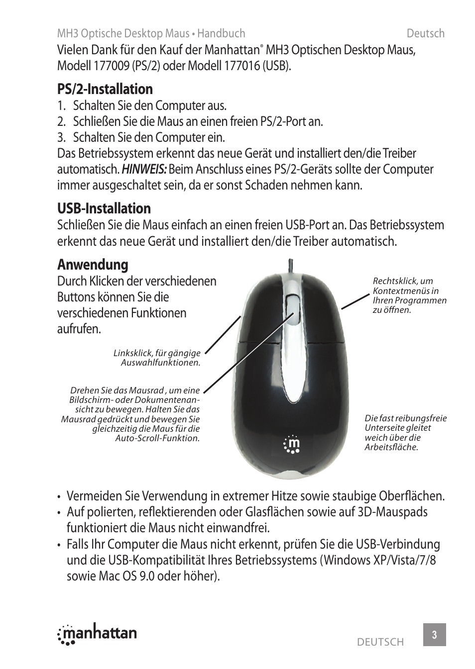 Ps/2-installation, Usb-installation, Anwendung | Vielen dank für den kauf der manhattan | Manhattan 177009 MH3 Classic Optical Desktop Mouse - Quick Install (Multi) User Manual | Page 3 / 16