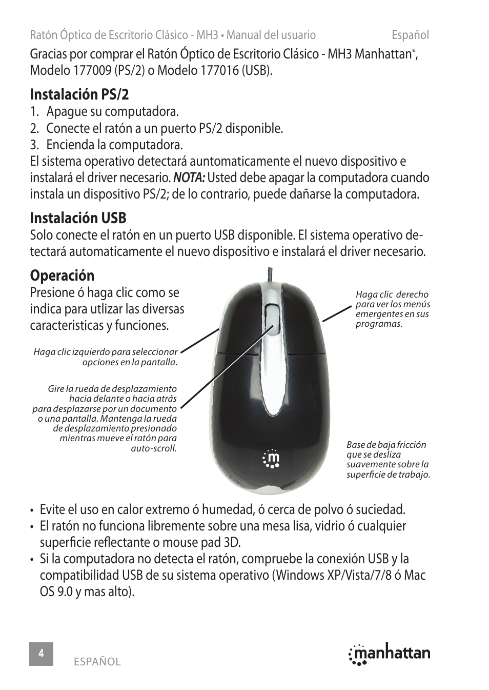 Instalación ps/2, Instalación usb, Operación | Manhattan 177009 MH3 Classic Optical Desktop Mouse - Quick Install (Multi) User Manual | Page 4 / 16