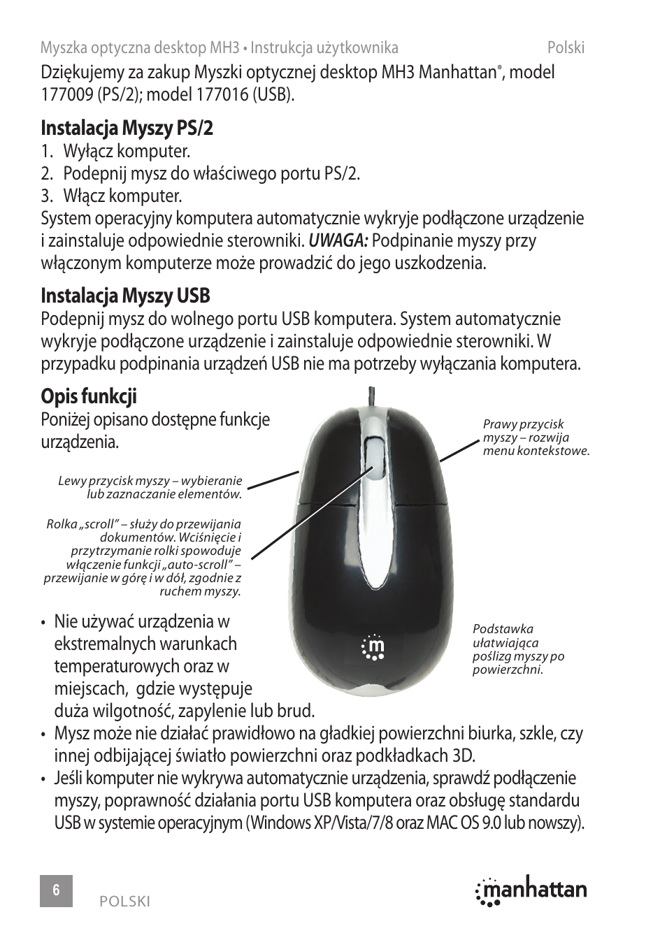 Instalacja myszy ps/2, Instalacja myszy usb, Opis funkcji | Manhattan 177009 MH3 Classic Optical Desktop Mouse - Quick Install (Multi) User Manual | Page 6 / 16