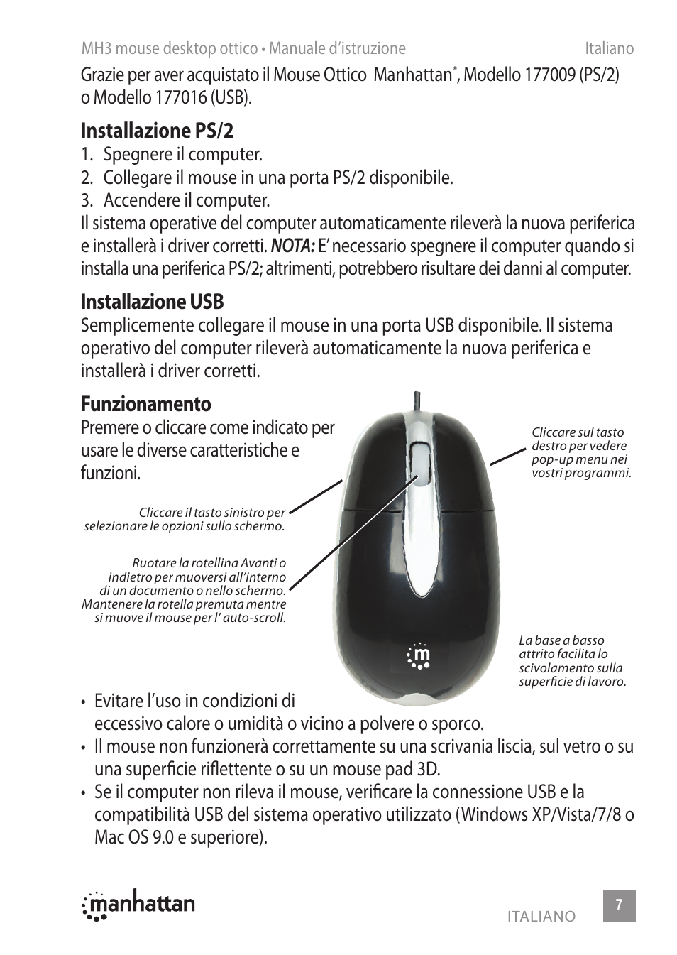 Installazione ps/2, Installazione usb, Funzionamento | Manhattan 177009 MH3 Classic Optical Desktop Mouse - Quick Install (Multi) User Manual | Page 7 / 16