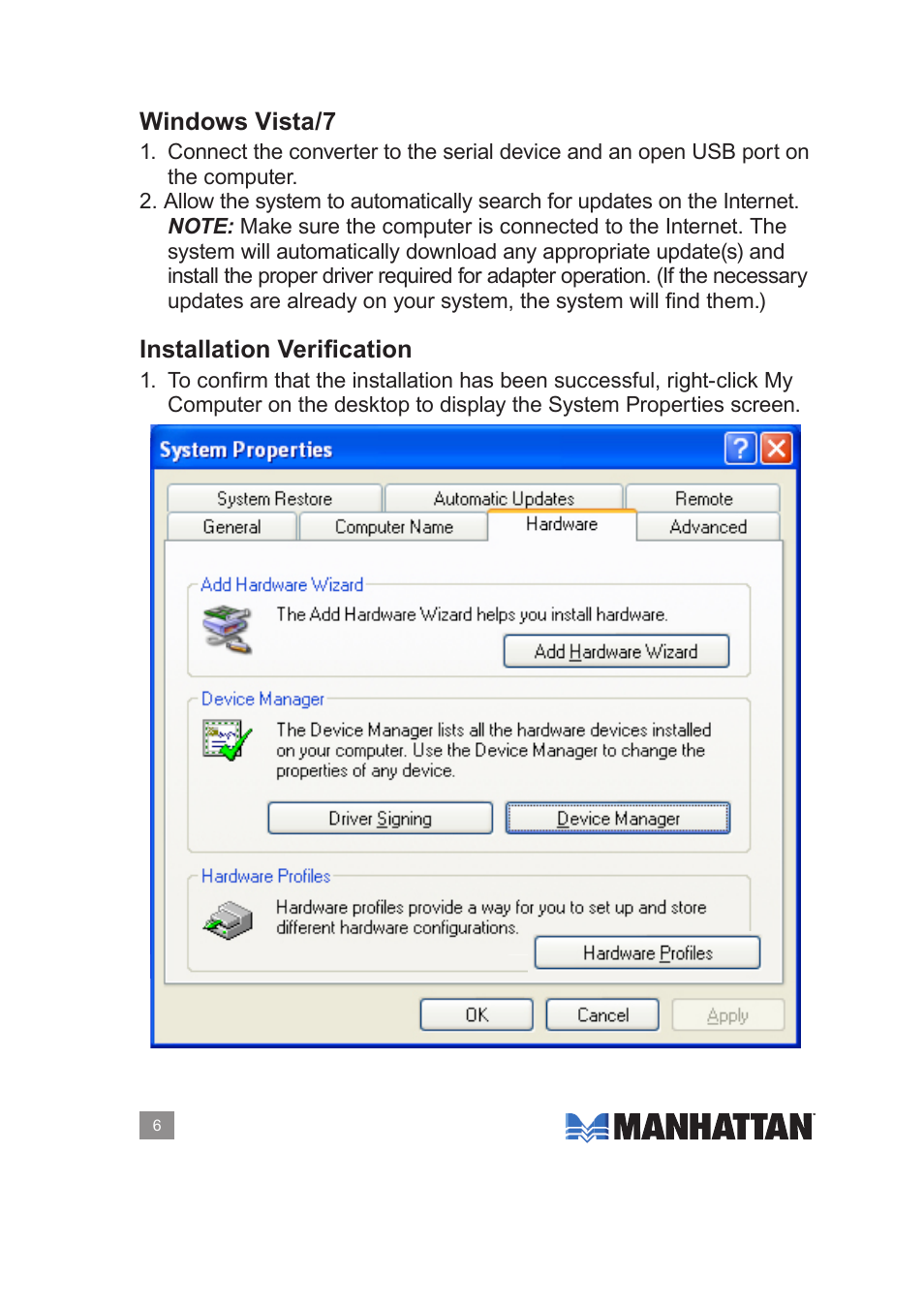 Windows vista/7, Installation verification | Manhattan 205153 USB to Serial Converter - Manual User Manual | Page 6 / 8