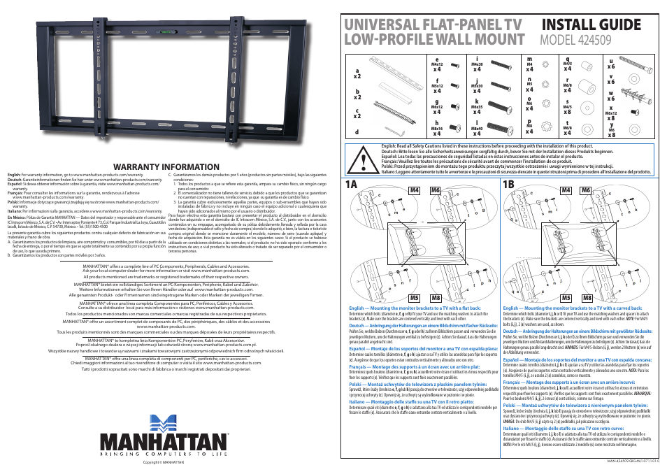 Manhattan 424509 Universal Flat-Panel TV Low-Profile Wall Mount - Quick Install (Multi) User Manual | 2 pages