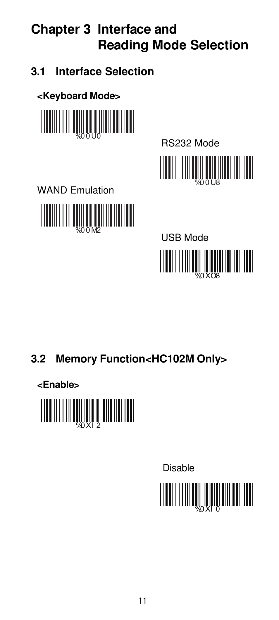 Test-3, Chapter 3 interface and reading mode selection, 1 interface selection | Manhattan 460835 Long Range CCD Barcode Scanner - Programming Menu User Manual | Page 13 / 74
