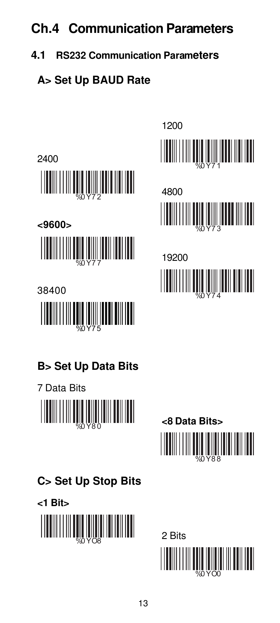Test-4, Ch.4 communication parameters, Eters a> set up baud rate | B> set up data bits, C> set up stop bits | Manhattan 460835 Long Range CCD Barcode Scanner - Programming Menu User Manual | Page 15 / 74