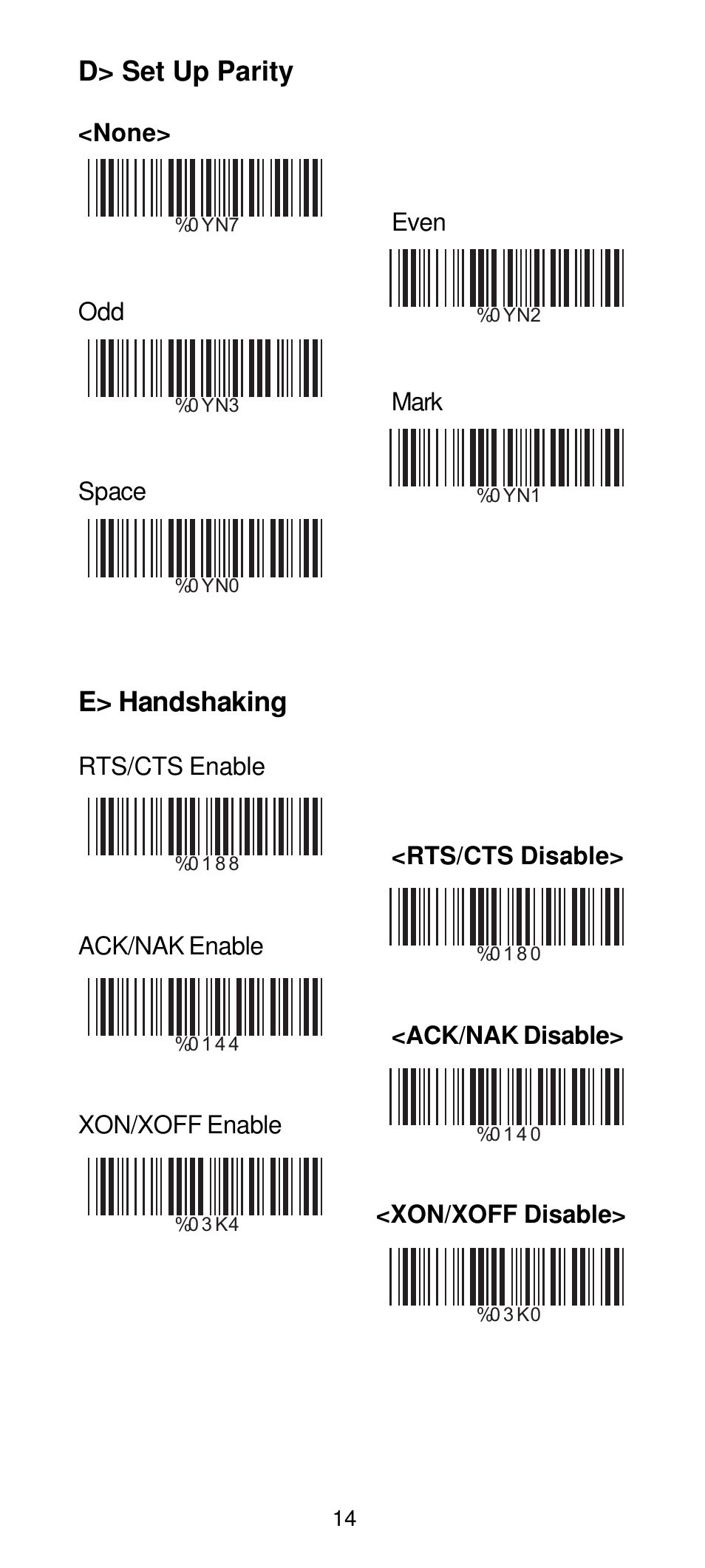 D> set up parity, E> handshaking | Manhattan 460835 Long Range CCD Barcode Scanner - Programming Menu User Manual | Page 16 / 74