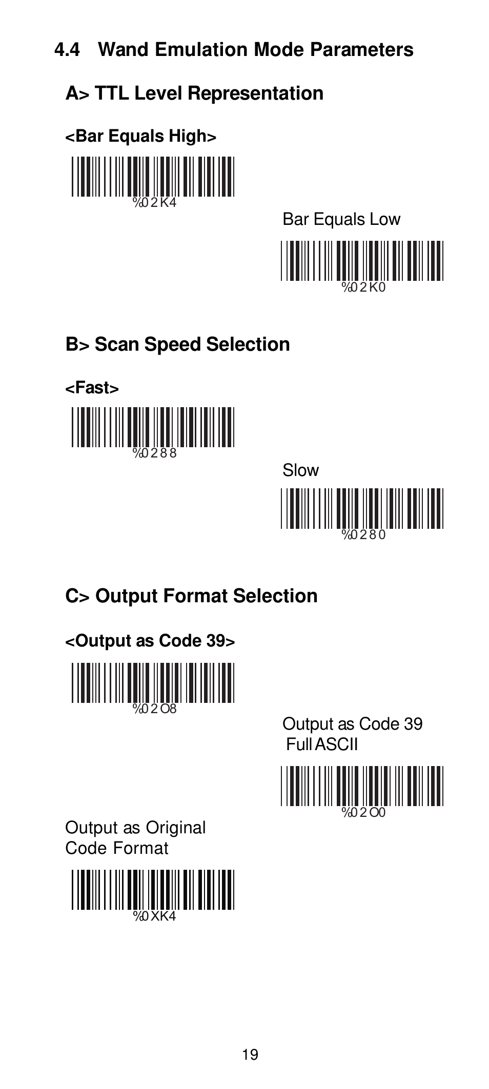 B> scan speed selection, C> output format selection | Manhattan 460835 Long Range CCD Barcode Scanner - Programming Menu User Manual | Page 21 / 74
