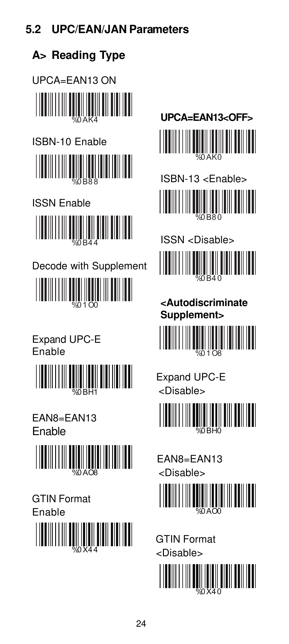 Test-6, 2 upc/ean/jan parameters a> reading type, Enable | Manhattan 460835 Long Range CCD Barcode Scanner - Programming Menu User Manual | Page 26 / 74