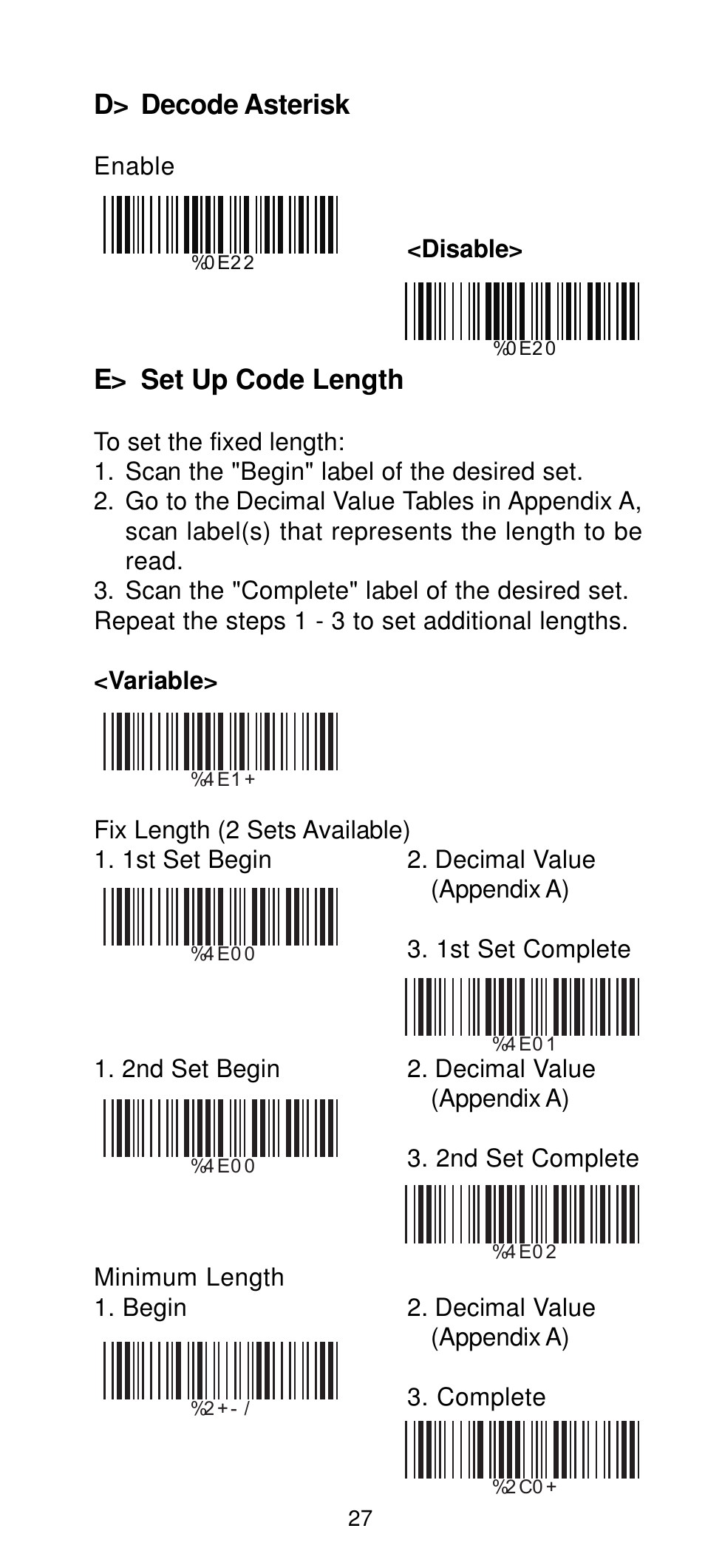 D> decode asterisk, E> set up code length | Manhattan 460835 Long Range CCD Barcode Scanner - Programming Menu User Manual | Page 29 / 74