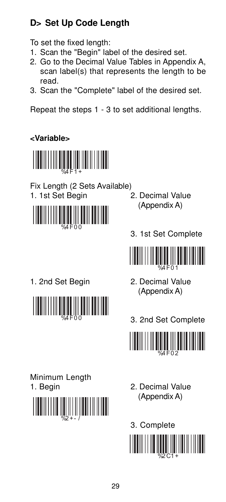 D> set up code length | Manhattan 460835 Long Range CCD Barcode Scanner - Programming Menu User Manual | Page 31 / 74