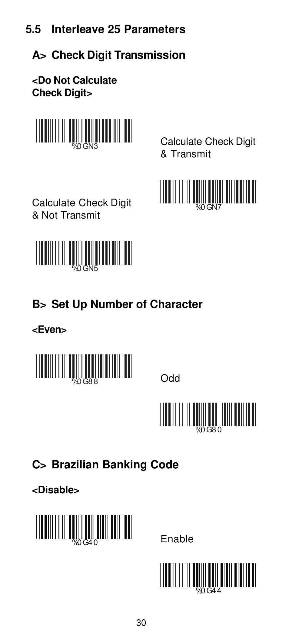 B> set up number of character, C> brazilian banking code | Manhattan 460835 Long Range CCD Barcode Scanner - Programming Menu User Manual | Page 32 / 74