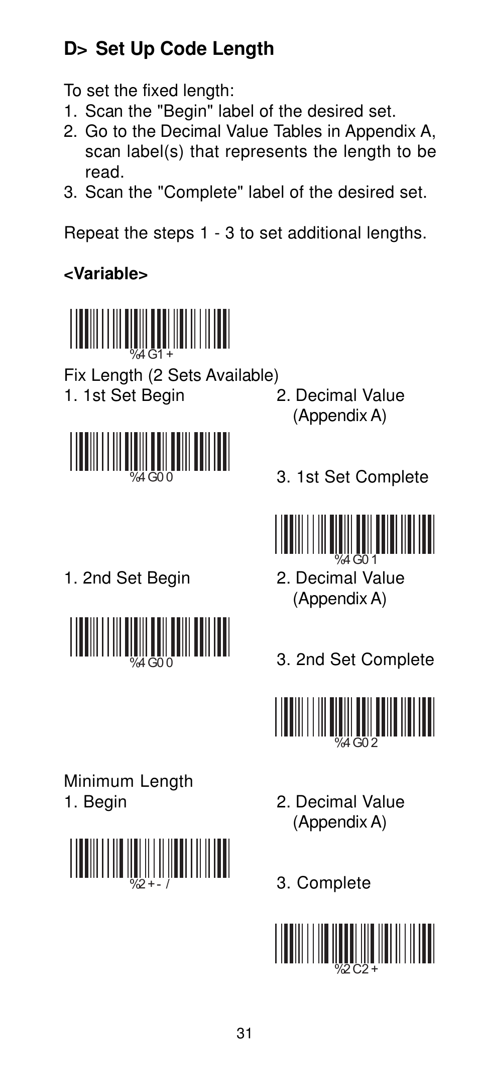D> set up code length | Manhattan 460835 Long Range CCD Barcode Scanner - Programming Menu User Manual | Page 33 / 74