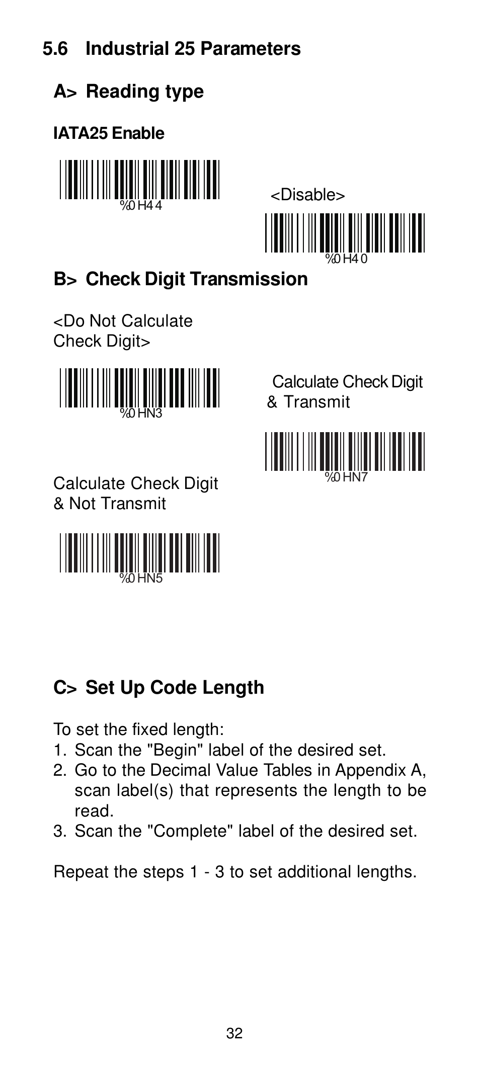 6 industrial 25 parameters a> reading type, B> check digit transmission, C> set up code length | Manhattan 460835 Long Range CCD Barcode Scanner - Programming Menu User Manual | Page 34 / 74
