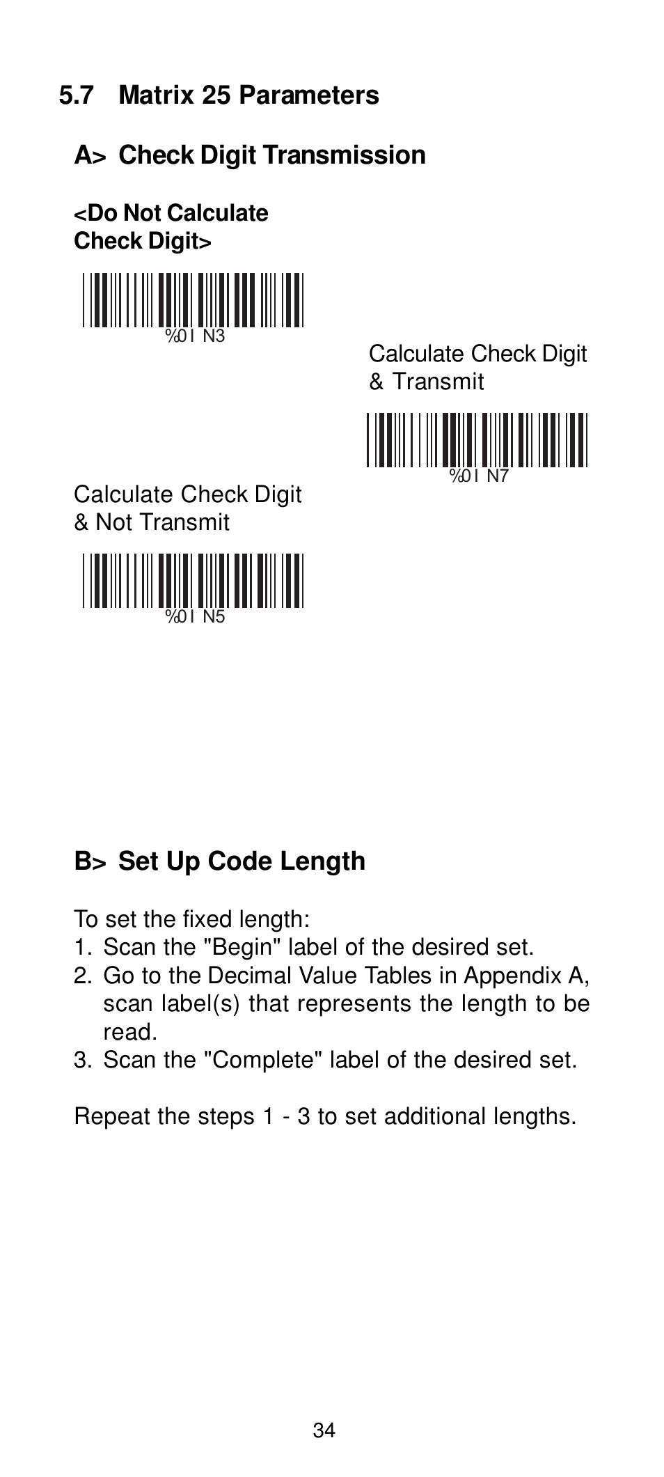 7 matrix 25 parameters a> check digit transmission, B> set up code length | Manhattan 460835 Long Range CCD Barcode Scanner - Programming Menu User Manual | Page 36 / 74