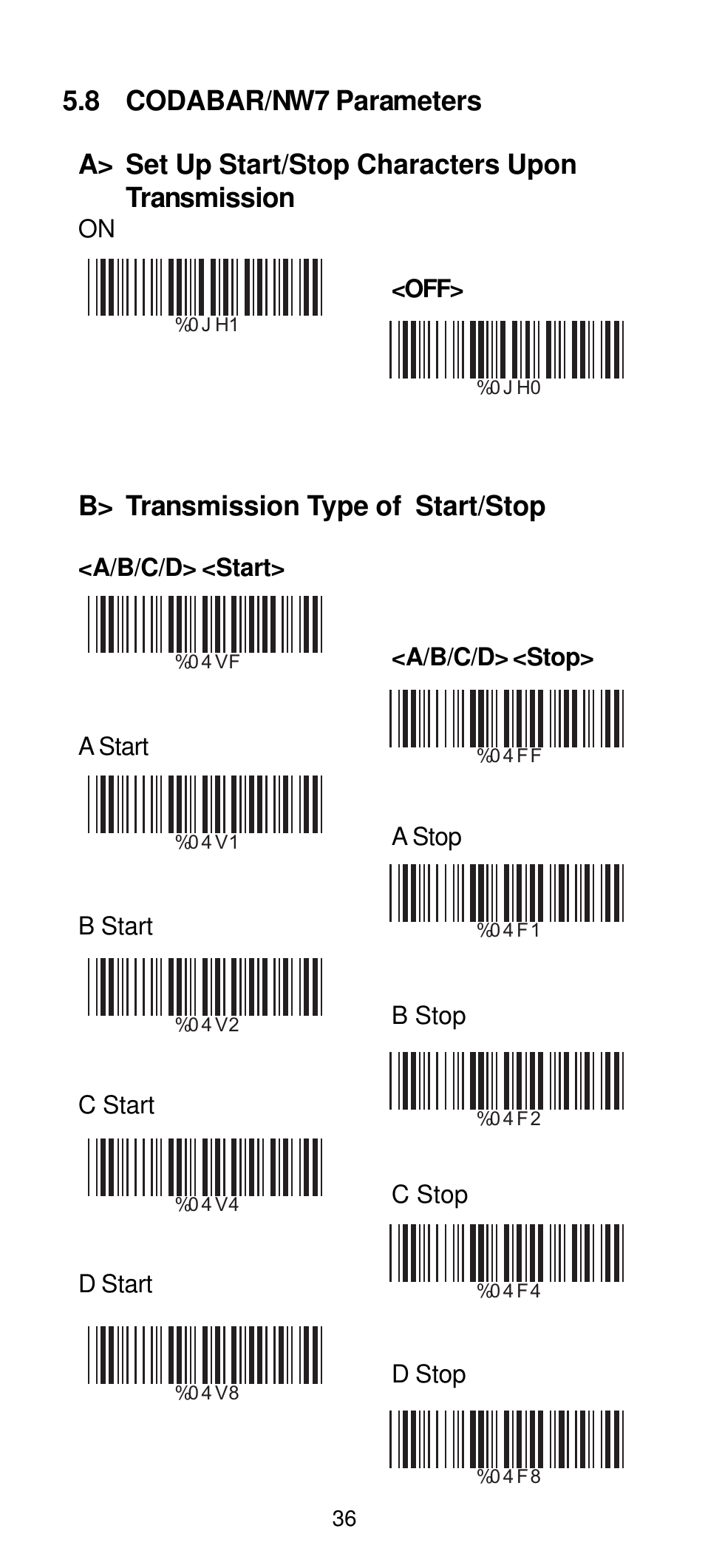 B> transmission type of start/stop | Manhattan 460835 Long Range CCD Barcode Scanner - Programming Menu User Manual | Page 38 / 74