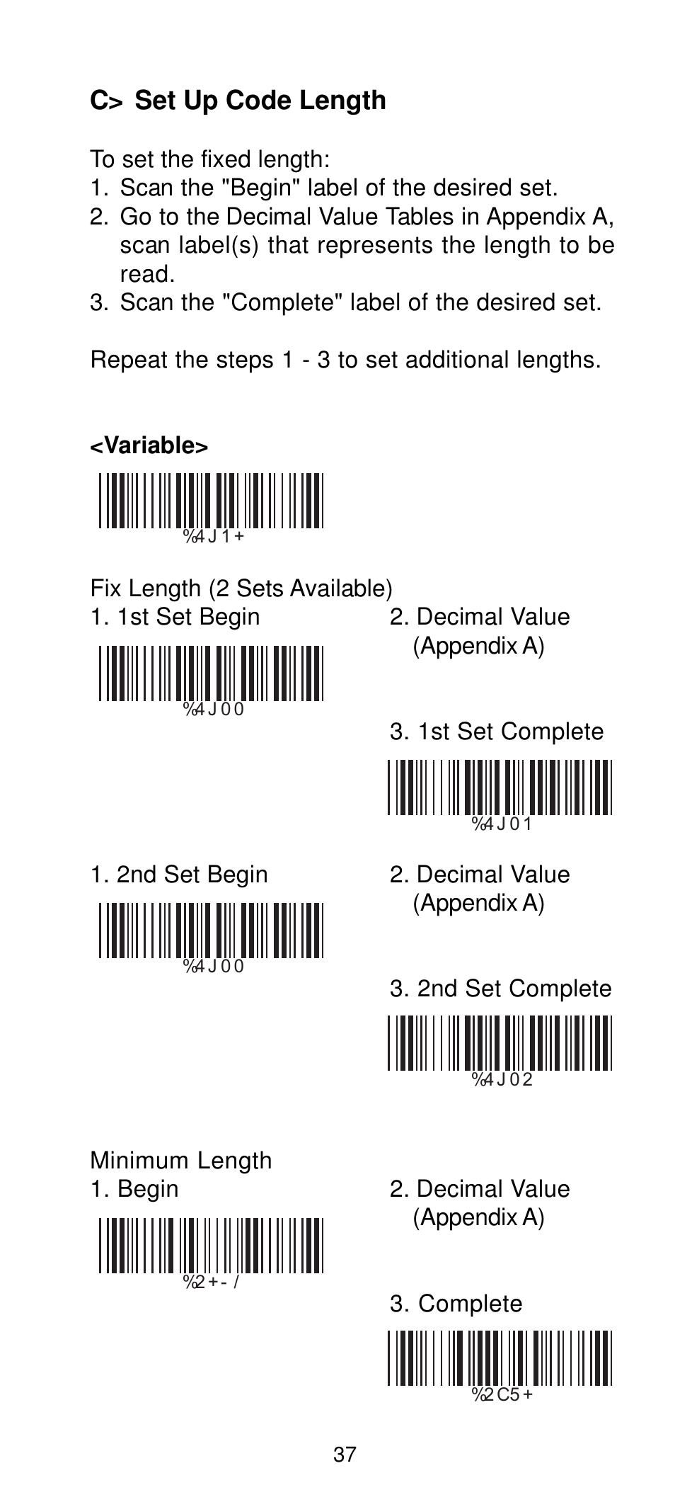C> set up code length | Manhattan 460835 Long Range CCD Barcode Scanner - Programming Menu User Manual | Page 39 / 74
