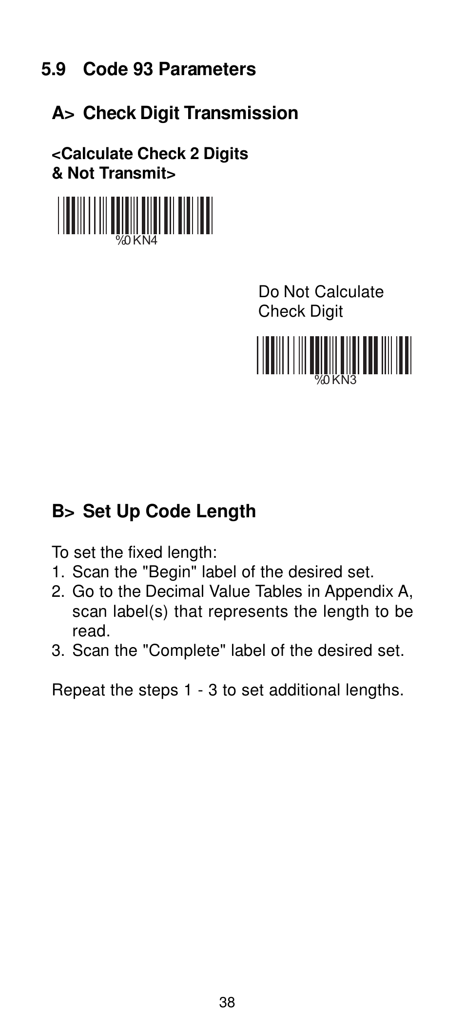 9 code 93 parameters a> check digit transmission, B> set up code length | Manhattan 460835 Long Range CCD Barcode Scanner - Programming Menu User Manual | Page 40 / 74