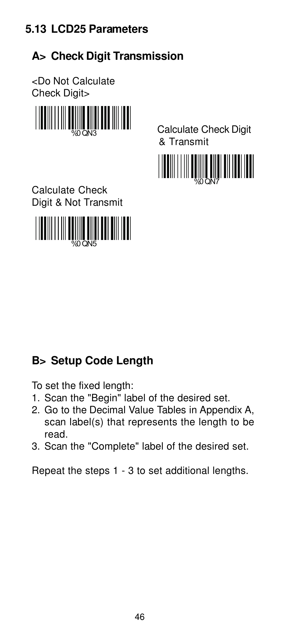 13 lcd25 parameters a> check digit transmission, B> setup code length | Manhattan 460835 Long Range CCD Barcode Scanner - Programming Menu User Manual | Page 48 / 74