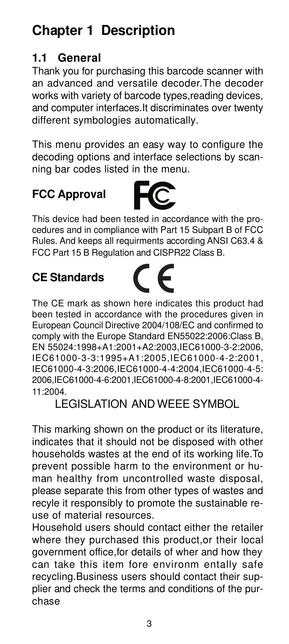 Test-1, Chapter 1 description | Manhattan 460835 Long Range CCD Barcode Scanner - Programming Menu User Manual | Page 5 / 74