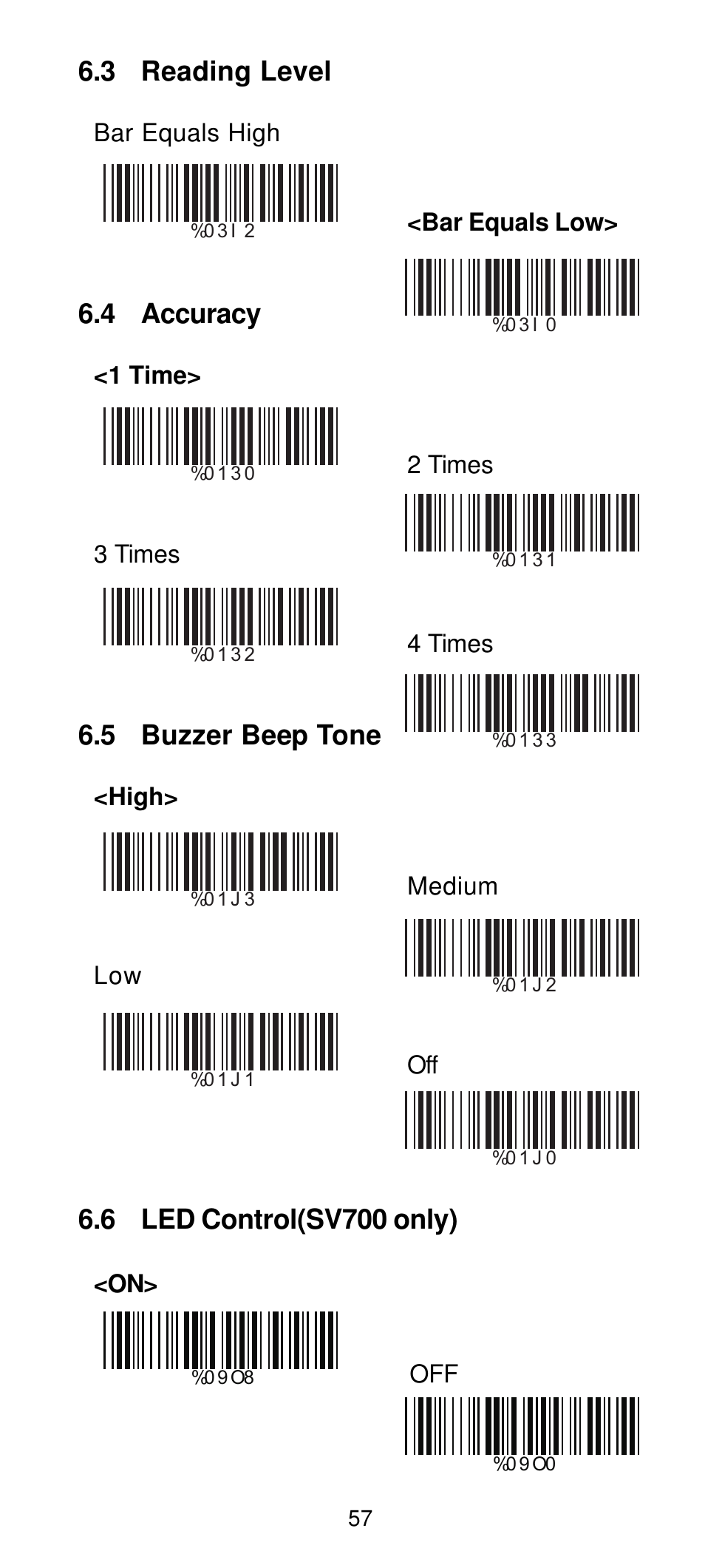 3 reading level, 4 accuracy, 5 buzzer beep tone | 6 led control(sv700 only) | Manhattan 460835 Long Range CCD Barcode Scanner - Programming Menu User Manual | Page 59 / 74