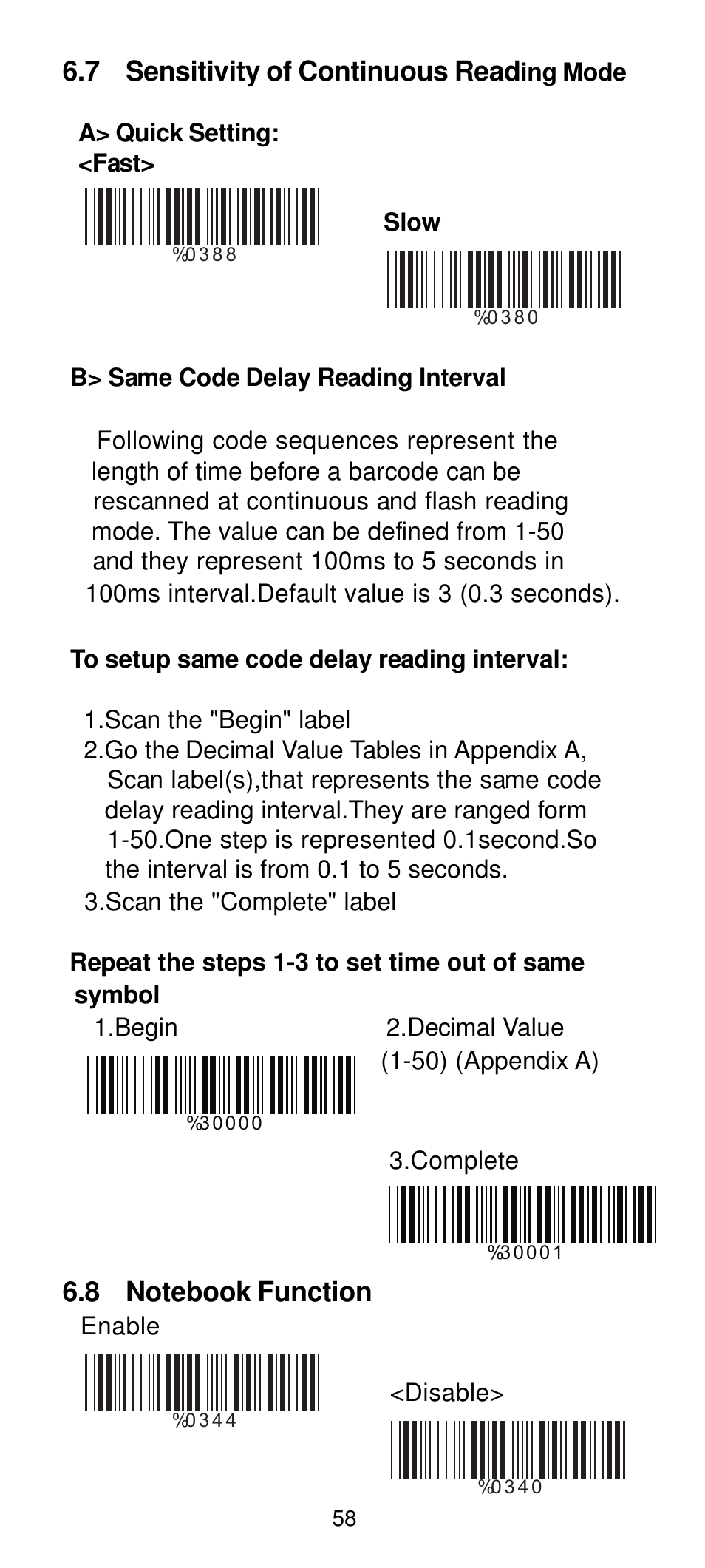 7 sensitivity of continuous read | Manhattan 460835 Long Range CCD Barcode Scanner - Programming Menu User Manual | Page 60 / 74