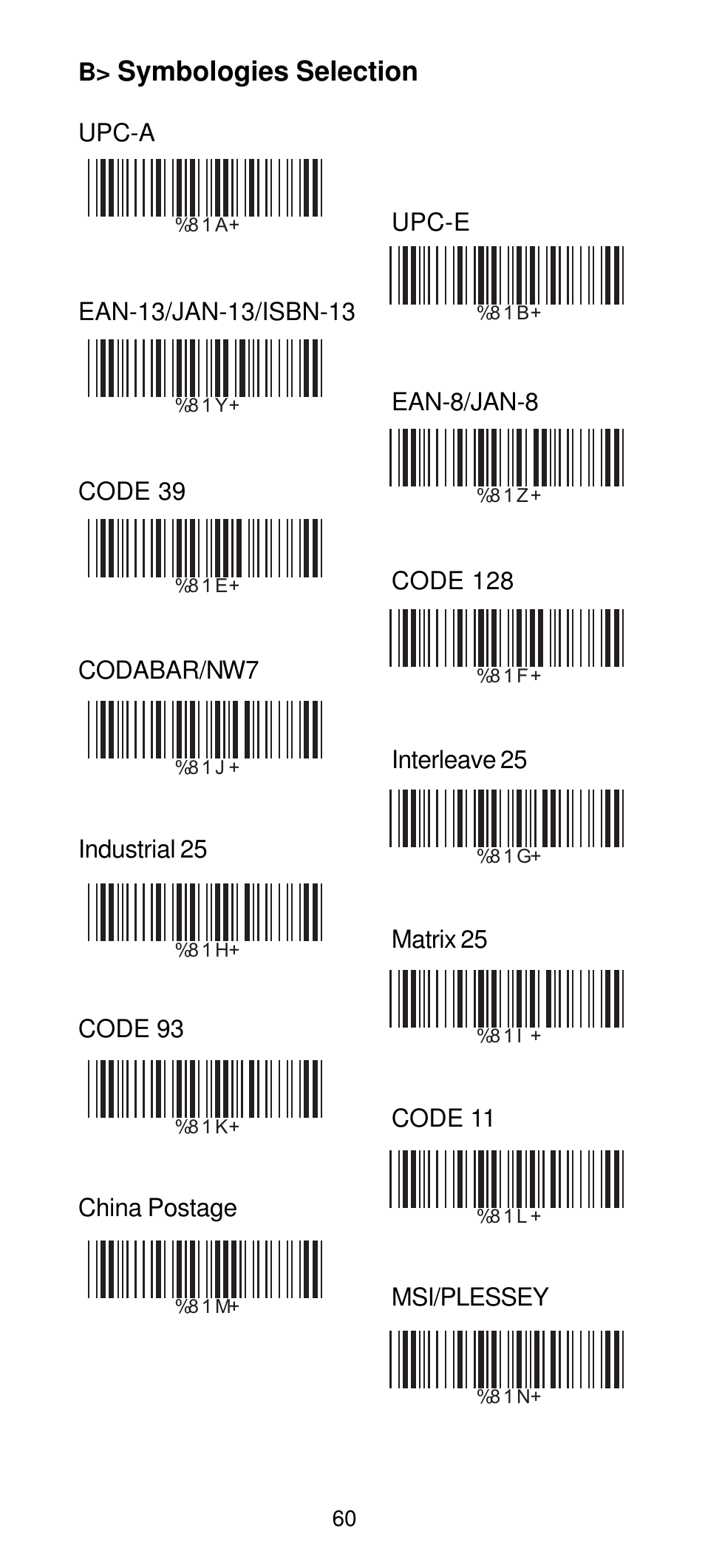 Symbologies selection | Manhattan 460835 Long Range CCD Barcode Scanner - Programming Menu User Manual | Page 62 / 74