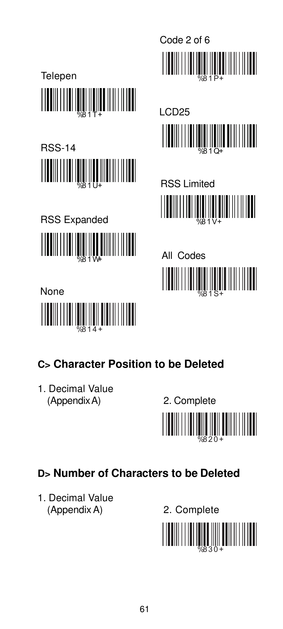 Character position to be deleted, Number of characters to be deleted | Manhattan 460835 Long Range CCD Barcode Scanner - Programming Menu User Manual | Page 63 / 74